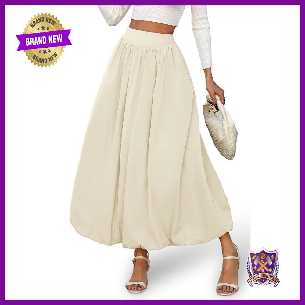 Bubble Hem Maxi Skirt with Pockets, Elastic Waist A-Line - Picture 1 of 8